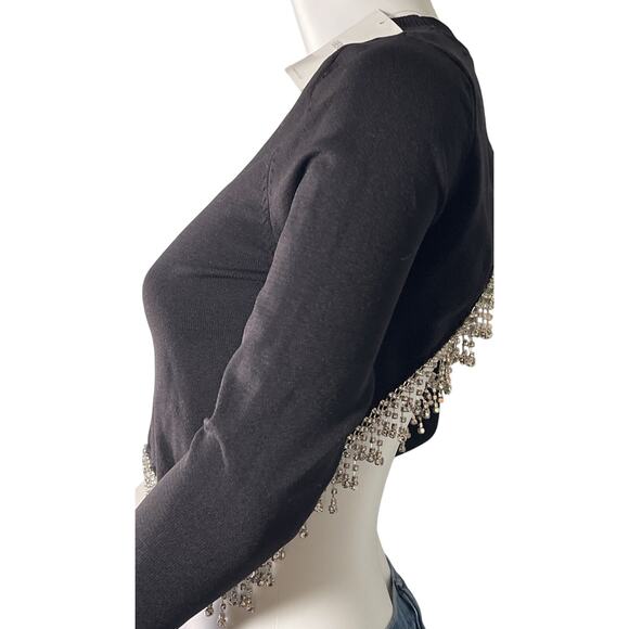 Forever 21 Long Sleeve Ribbed Crystal Fringe Open Back Crop Top Black Small - Picture 3 of 7